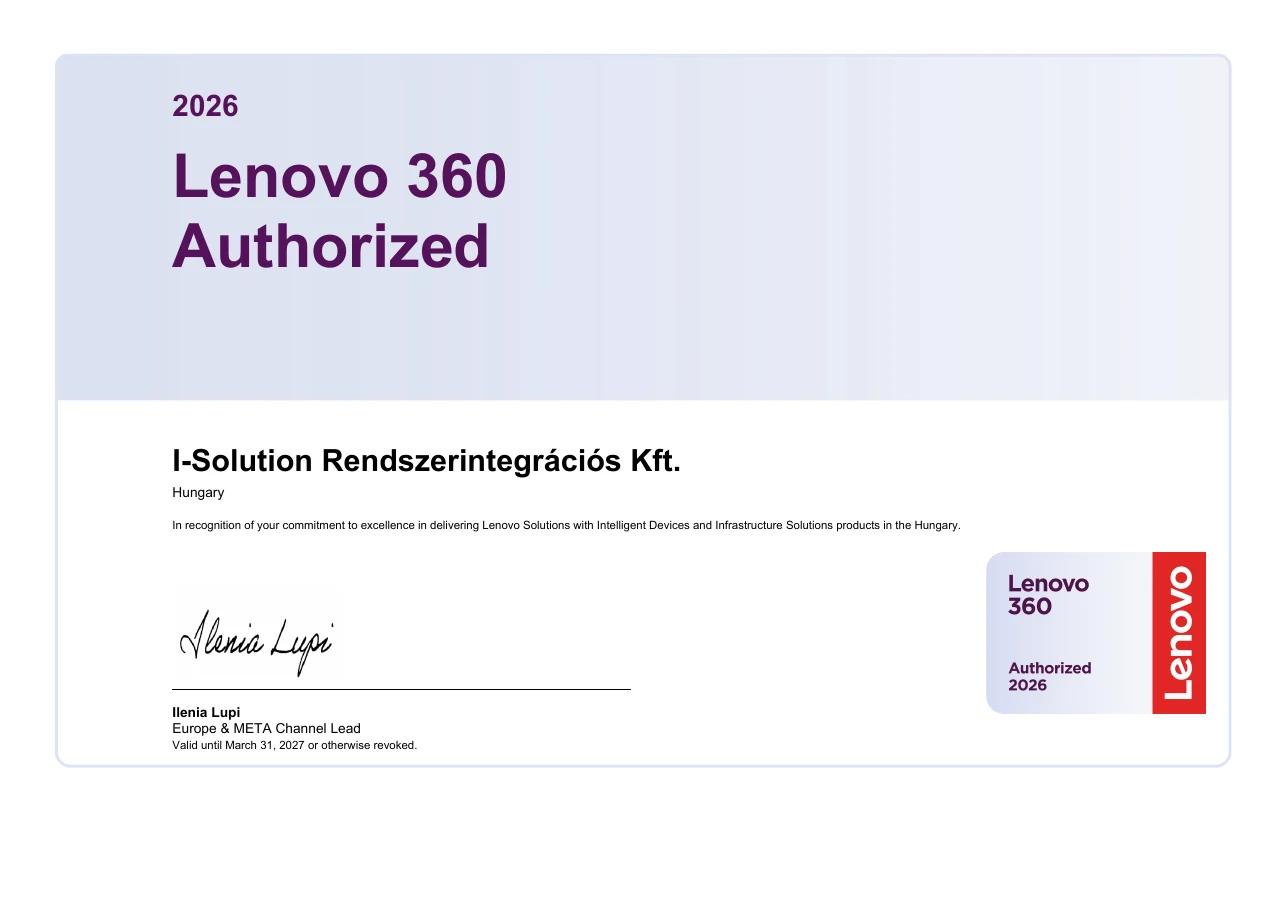 Lenovo 360 Authorized 2026 tanúsítvány – I-Solution Rendszerintegrációs Kft.