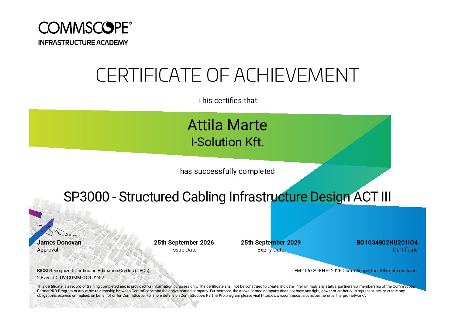 Márté Attila – I-Solution Kft. CommScope Infrastructure Academy tanúsítványa