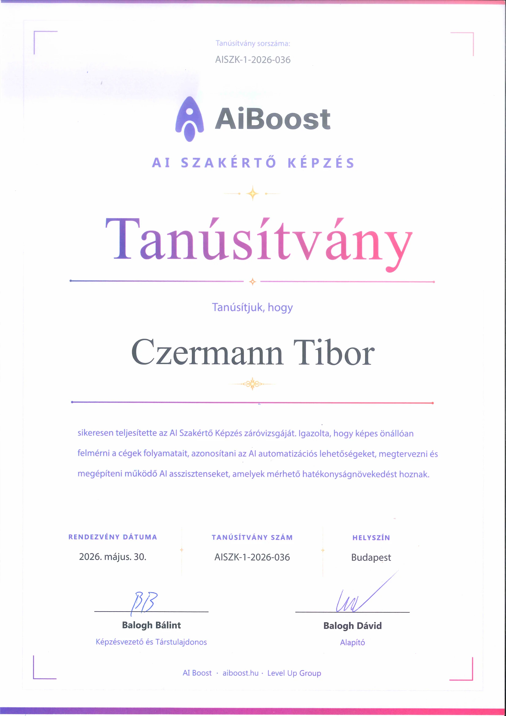 Czermann Tibor AI Boost AI Szakértő tanúsítvány