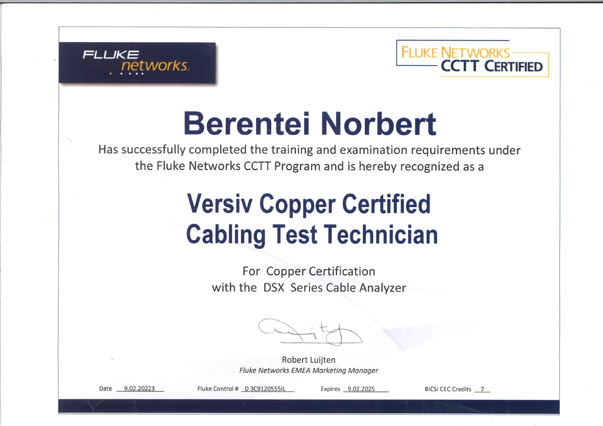 Berentei Norbert Fluke Networks CCTT tanúsítvány