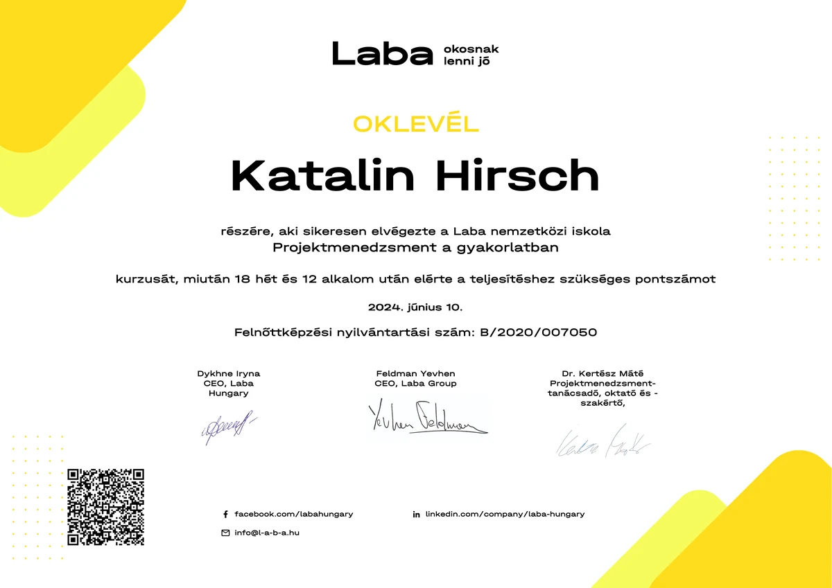Hirsch Katalin Laba projektmenedzsment oklevél